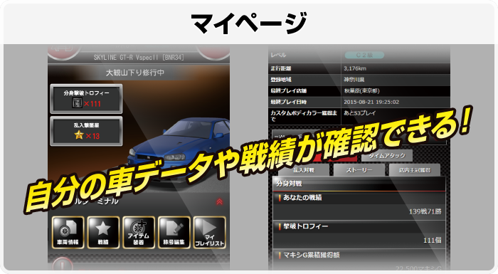 自分の車データや戦績が確認できる！